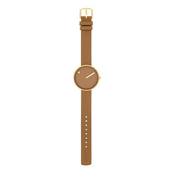 Picto ur med brun skive og cappuccino læderrem, 34 mm – mod hvid baggrund