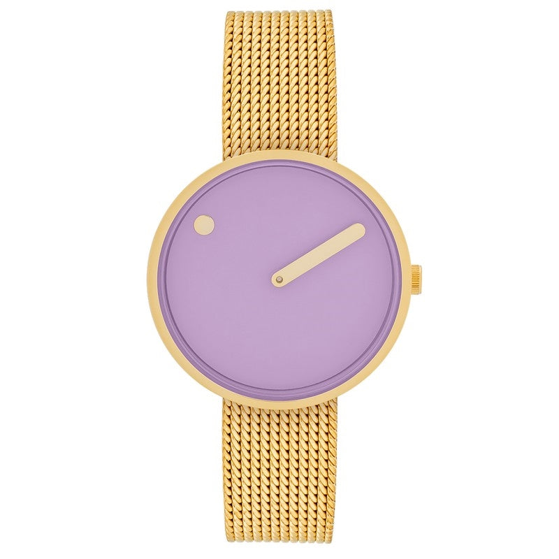 Picto dameur med lyslilla urskive og gulddublé mesh lænke i stål, 34 mm