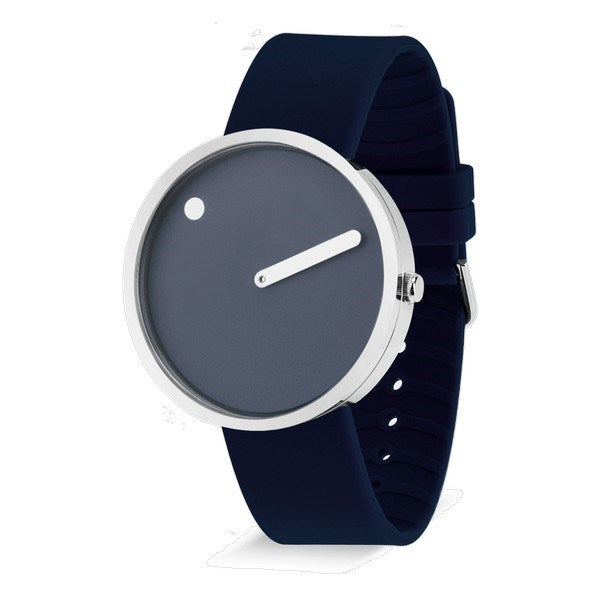 Picto unisex ur med navy blå urskive og midnight blue silikonerem i stål, set fra siden