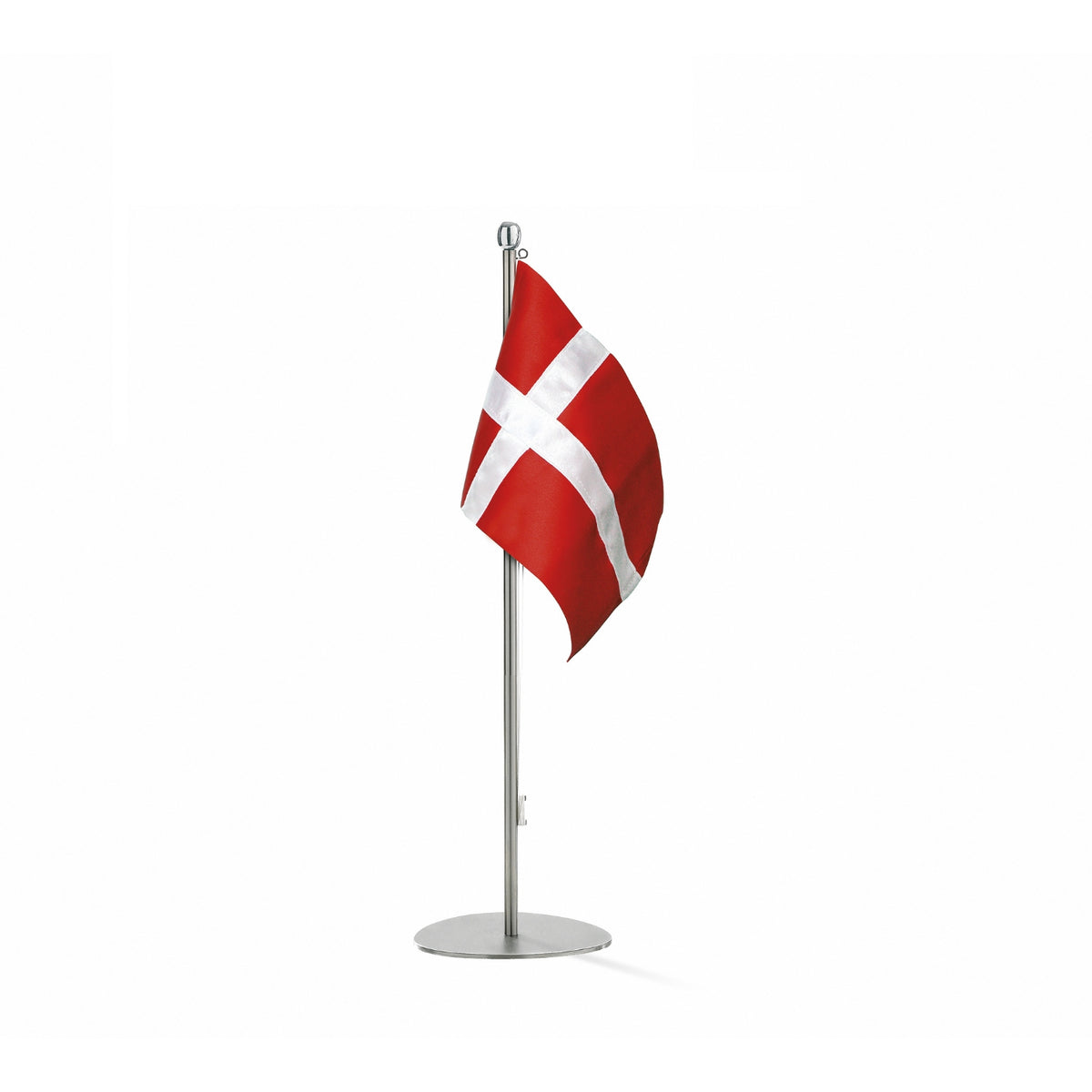 Piet Hein bordflag med Dannebrog i 35 cm – flagstang i børstet rustfrit stål med håndsyet stoflag