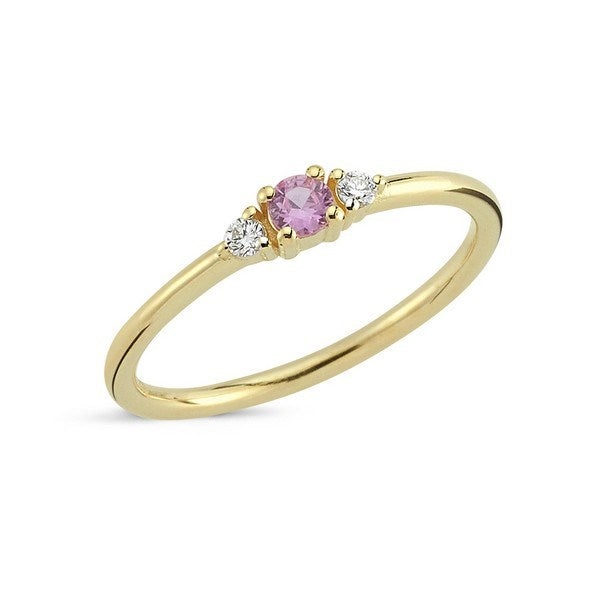 Nuran Petit ring i 14 karat guld med pink safir og to brillantslibne diamanter på 0,05 ct.