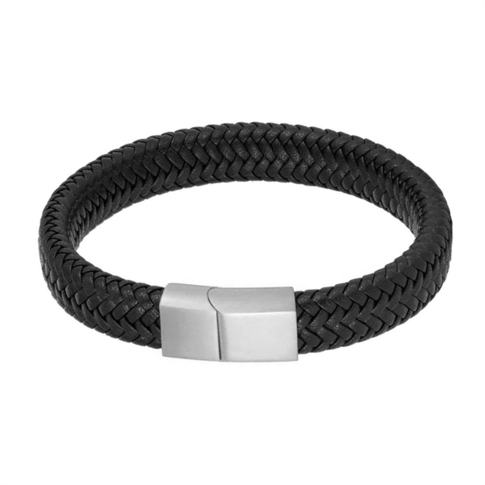 Rico's læderarmbånd til mænd i sort vævet læder med lås i mat rustfrit stål