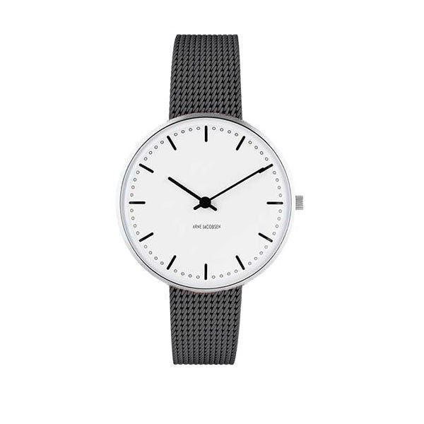 Arne Jacobsen City Hall ur med hvid skive og grå meshlænke i rustfrit stål, Ø34 mm