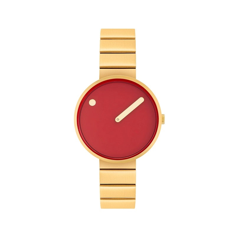 Picto dameur med Cinnamon Red urskive i 34 mm og børstet IP forgyldt stållænke