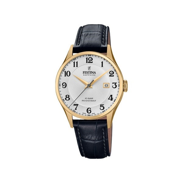 Festina herreur i gulddouble med hvid skive og sort krokolæderrem – Swiss Made, Ø 40 mm