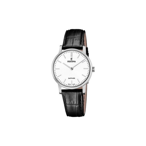 Festina dameur i rustfrit stål med hvid skive og sort præget læderrem – Swiss Made kvarts