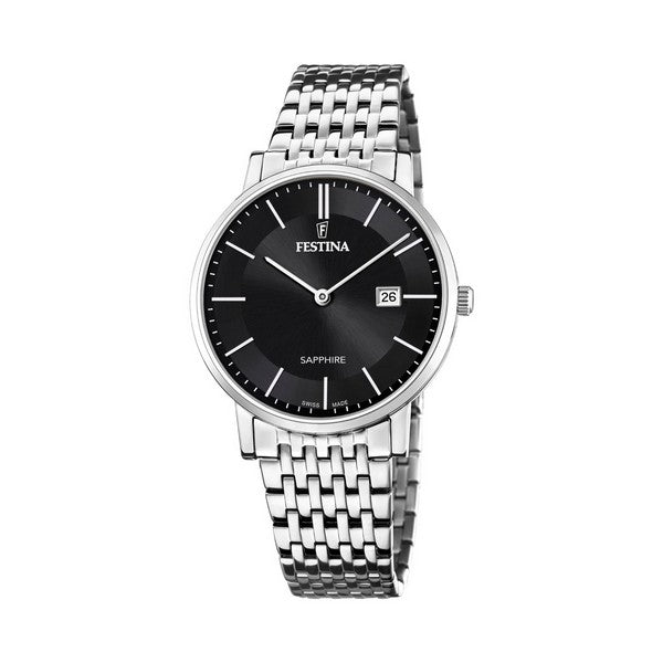 Festina herreur i rustfrit stål med sort skive og stållænke, Swiss Made, 39,3 mm