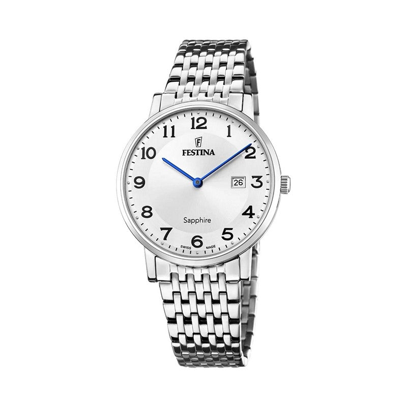 Festina Swiss Made Slim herreur i stål med slank urskive og lænke, Ø39 mm
