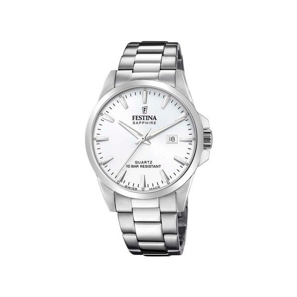 Festina herreur i rustfrit stål med hvid urskive, stavmarkører og kraftig trelænke – Swiss Made, 41 mm
