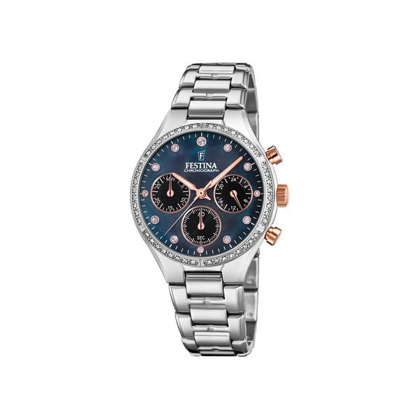 Festina Boyfriend Collection dameur i stål med blå perlemor skive, rosa detaljer og sten på lynette