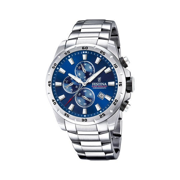 Festina Chrono Sport herreur i stål med blå skive, tre kronografer og rød sekundviser