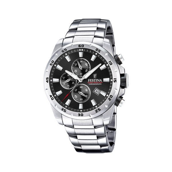 Festina Chrono Sport herreur i stål med sort skive, tre kronografer og rød sekundviser