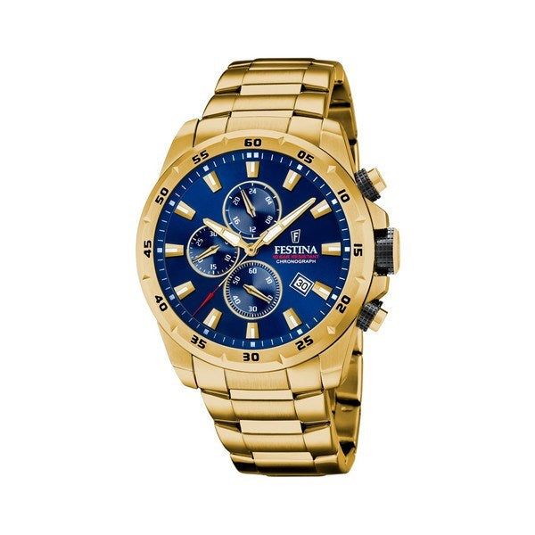 Festina Chrono Sport herreur i gulddublé stål med blå skive og 3 kronografer