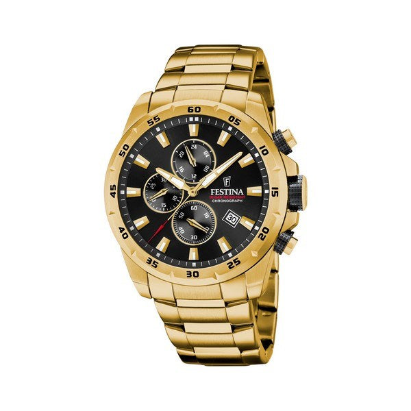 Festina Chrono Sport herreur i gulddublé stål med sort skive og 3 kronografer