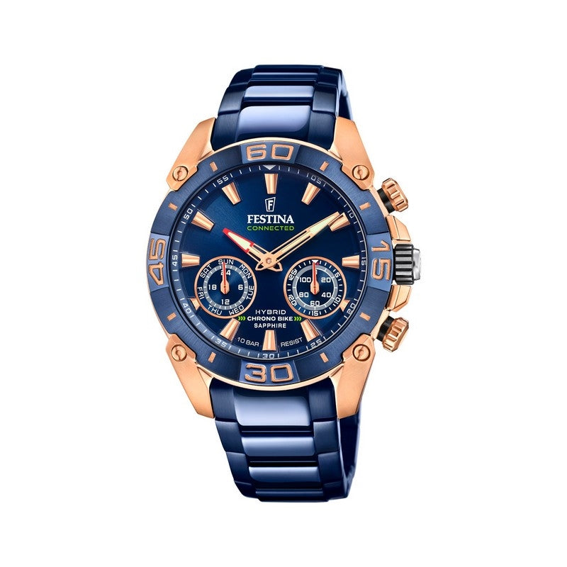 Festina Chrono Bike Special Edition Connected herreur i blå stål med rosa gulddublé detaljer og safirglas