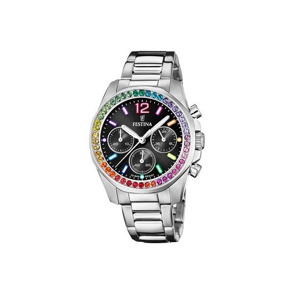 Festina Rainbow dameur i stål med sort skive og farverige kubiske zirkoner på urkransen
