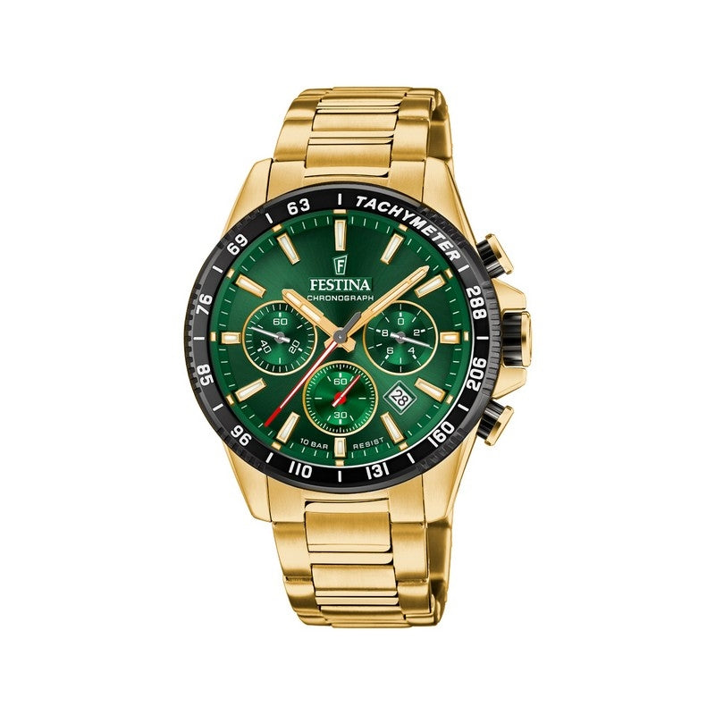 Festina Timeless Chrono herreur i gulddublé stål med grøn skive og kronografer