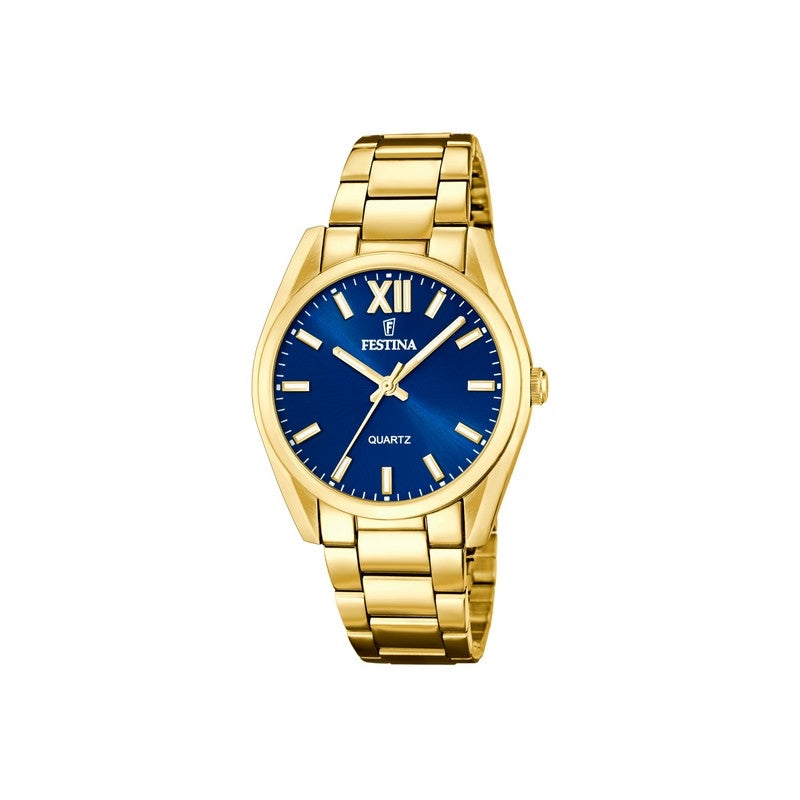 Festina ALEGRÍA dameur i gulddouble med blå urskive og guldmarkering, Ø 36,8 mm
