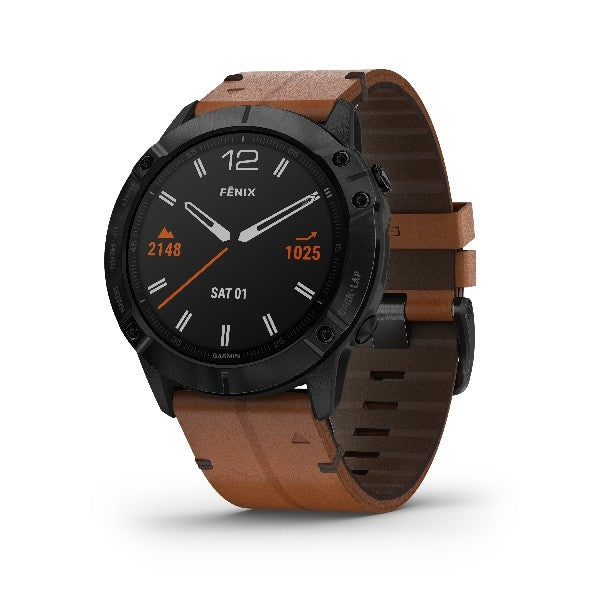 Garmin fenix 6X Pro Sapphire multisport-smartwatch i sort DLC med chestnut-brun læderrem og safirkrystalglas