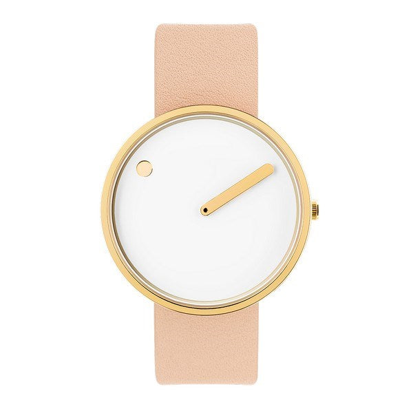 Picto unisex ur med hvid roterende urskive, nude rosa læderstrop og gulddublé detaljer – 40 mm