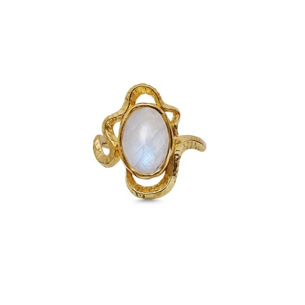 Maanesten Siren ring i forgyldt sølv med rainbow moonstone, set fra siden
