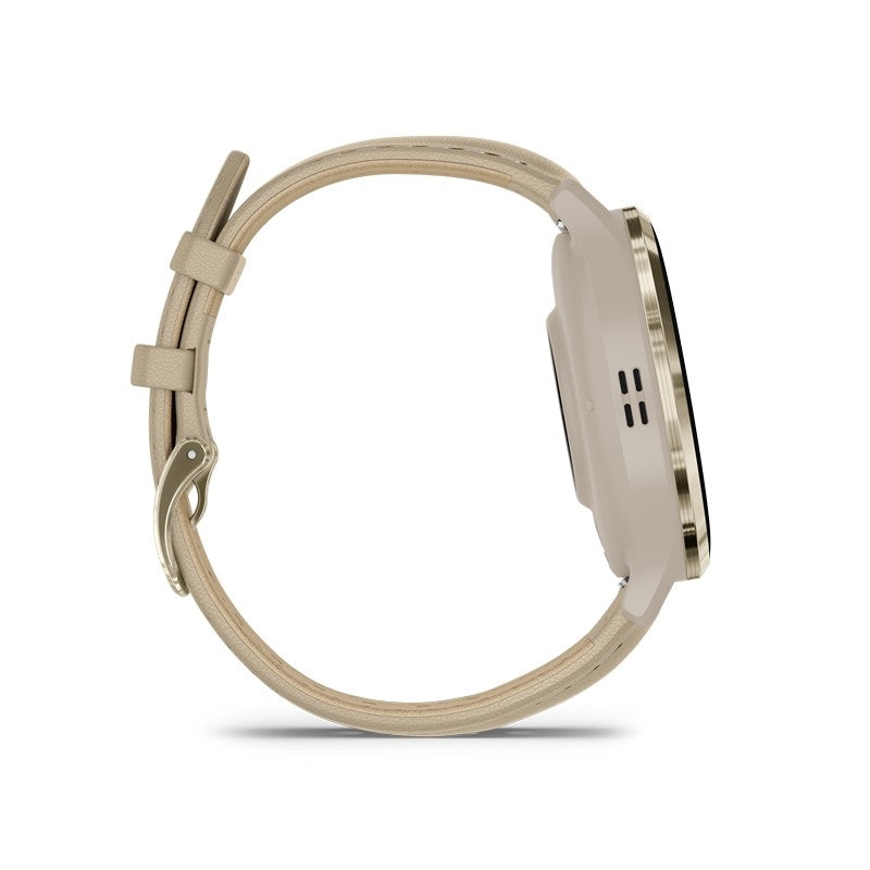 Garmin Venu 3S smartwatch i soft gold stål med French Grey rem – set fra siden