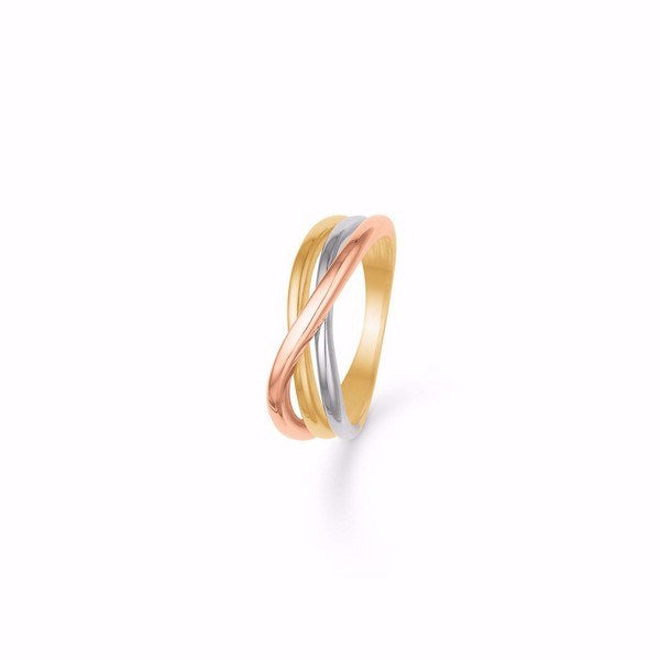 Guld & Sølv Design tre-farvet ring i 8 karat rødguld, hvidguld og rosaguld med flettet tricolor mønster