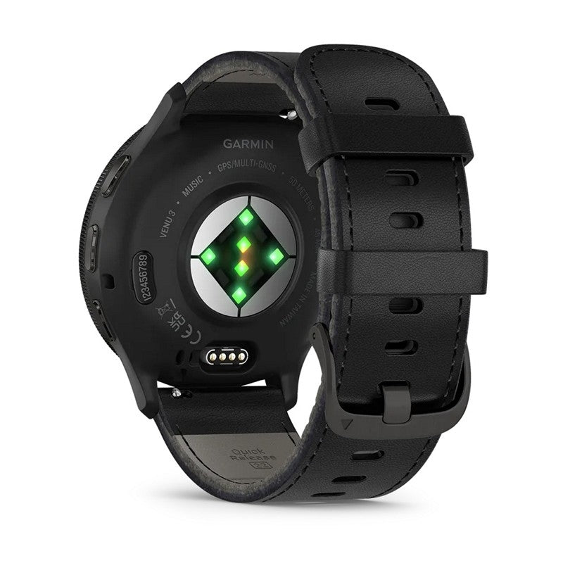 Garmin Venu 3S herreur i stål med sort læderrem – nærbillede af detalje