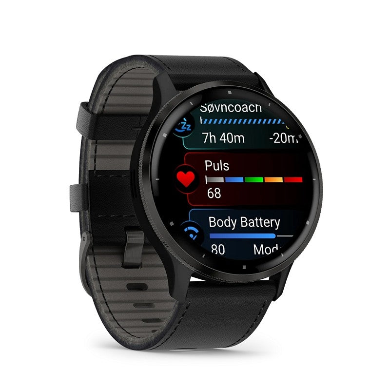 Garmin Venu 3S herreur i stål med sort læderrem – liggende på flade