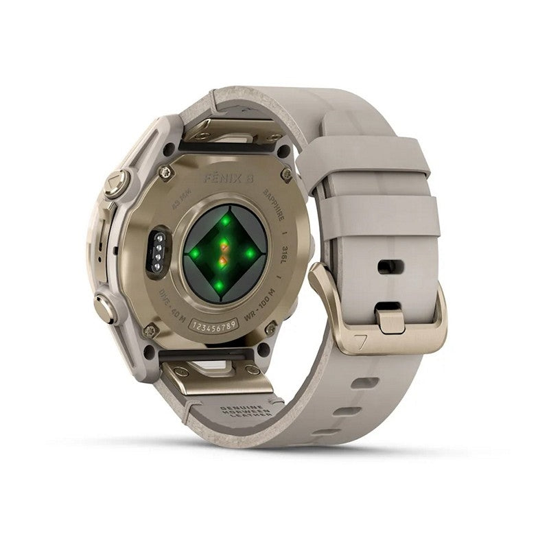 GARMIN Fenix 8 AMOLED smartwatch med safir og limestone læderrem – nærbillede af detalje
