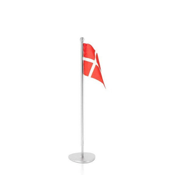 Piet Hein lille bordflag med Dannebrog i rustfrit stål – 25 cm højt til borddækning og festlige lejligheder