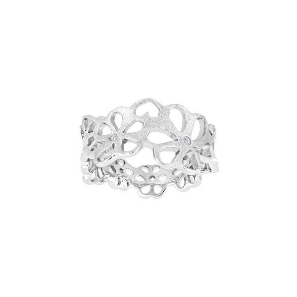 Siersbøl ring i rhodineret sølv med blomstermotiv og klare zirkoner