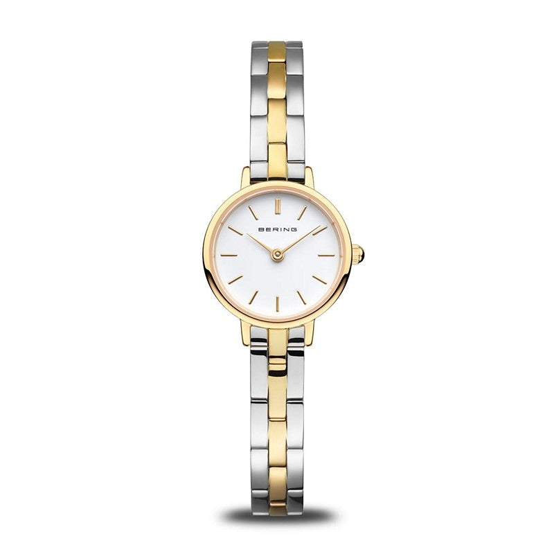 BERING Classic dameur i poleret bi-color stål med hvid urskive, gyldne visere og sølv-guld kombination – Ø 22 mm