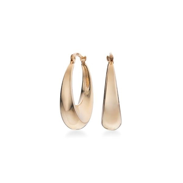 Scrouples creoler i 8 kt. guld med dråbeformet design og varm, gylden tone — 28 mm diameter