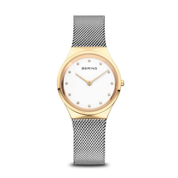 BERING Classic dameur i poleret guld med hvid urskive og sølv Milanaise lænke, 31 mm