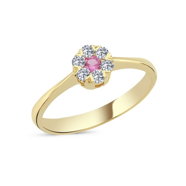 Nuran Flora diamantring i 14 karat guld med pink safir og seks diamanter på i alt 0,18 ct