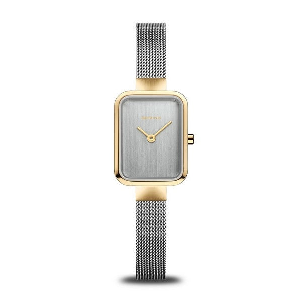 BERING Classic dameur med firkantet urkasse i guld og sølv stål med Milanaise mesh-lænke, 20 mm