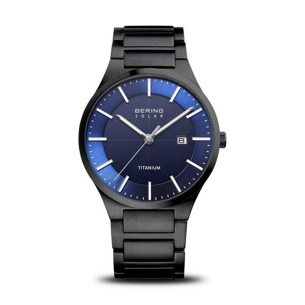 BERING Solar herreur i børstet sort titanium med blå skive, Ø 39 mm