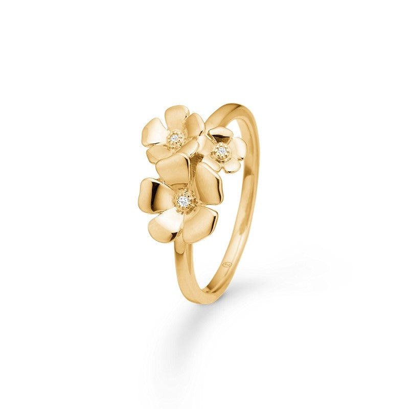 Mads Z Fleur ring i 14 karat guld med tre blomster og brillantsleben diamanter