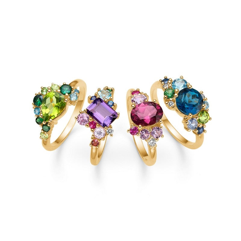 Mads Z Four Seasons Spring ring i 14 kt guld med peridot, safir og turmalin – nærbillede af sten