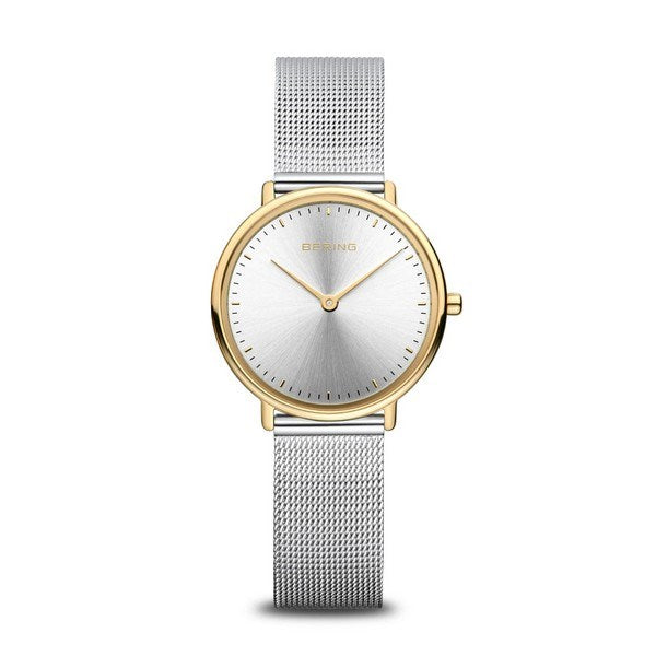 BERING Classic dameur i gyldent stål med hvid urskive og sølv Milanaise lænke, Ø 29 mm