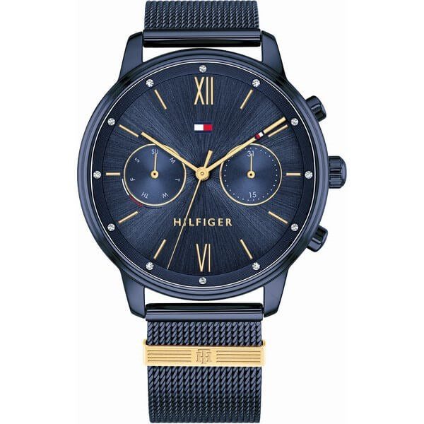 Tommy Hilfiger dameur i blåt stål med blå urskive, gyldne visere og sten ved klokkeslæt