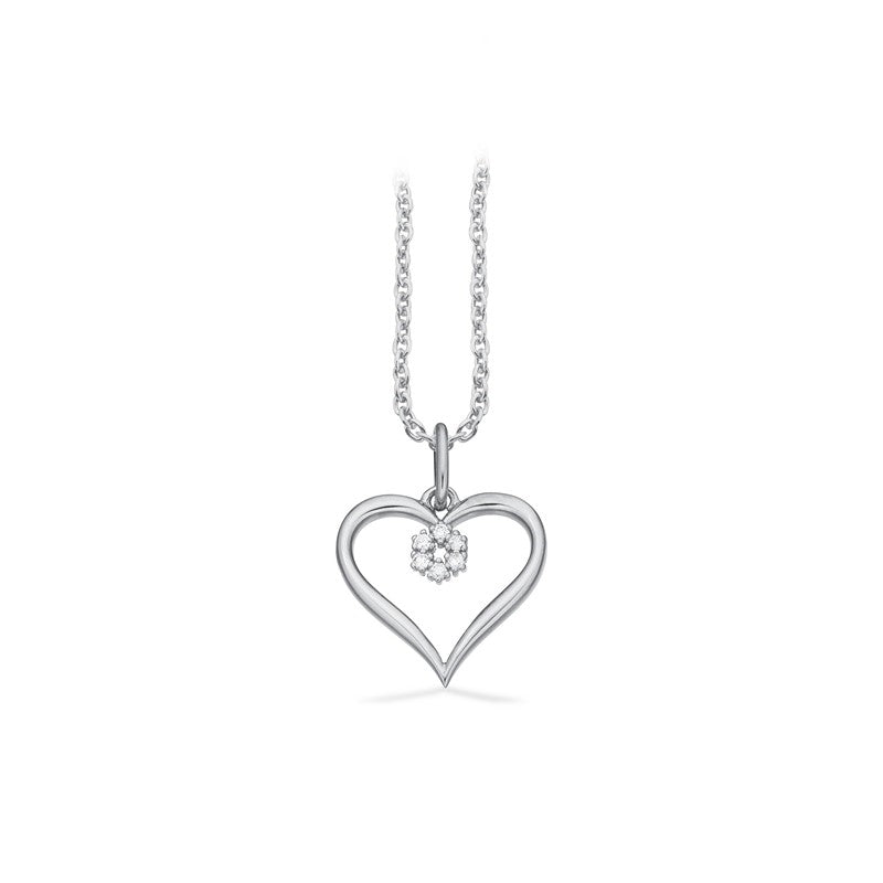 Scrouples hjertevedhæng i 8 karat hvidguld med diamanter på 0,03 ct og blomsterdetalje i midten