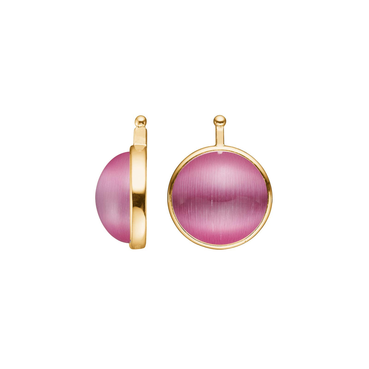 Heide Heinzendorff katteøje cabochon system-vedhæng til øreringe i forgyldt sølv med en rund, rosa og lilla 13 mm sten.