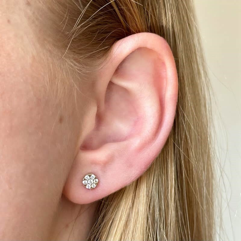 Siersbøl ørestik i 8 karat guld med syv zirkonia – nærbillede af sten
