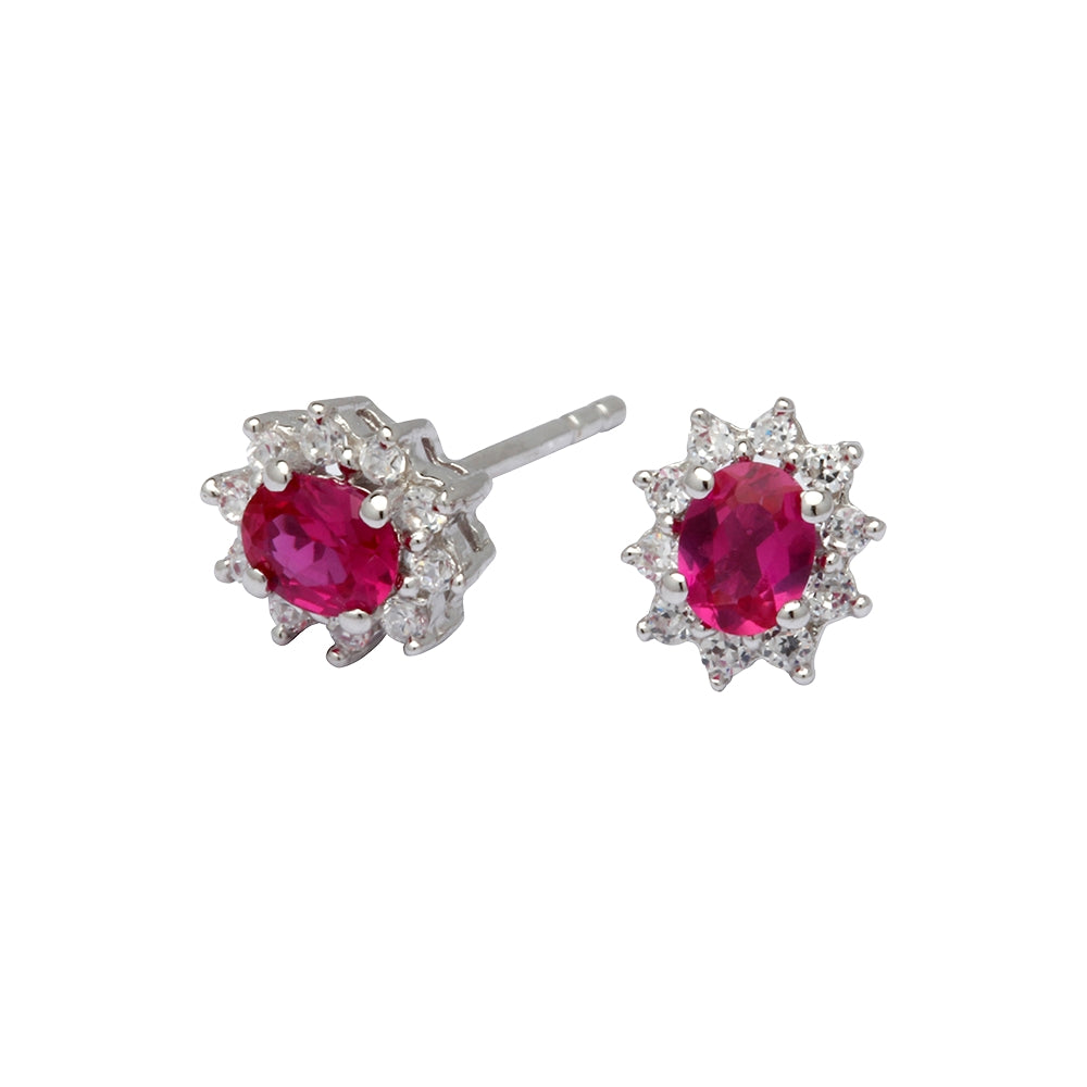 Siersbøl ørestikker i rhodineret sølv med syntetisk pink safir og klare zirkonia i rosetdesign