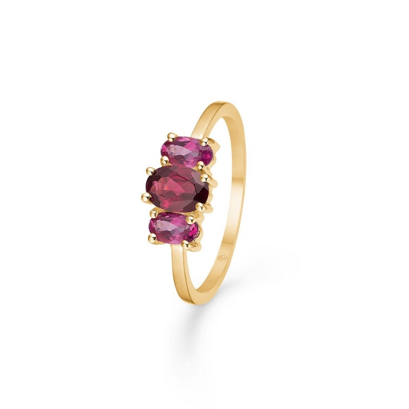 Mads Z Hyacinth ring i 8 kt. guld med pink topas og rhodonit i varme rødlige nuancer