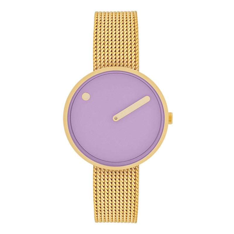 Picto dameur med lys lavenderskive, mat mesh-rem og poleret urkasse i IP guld stål – 34 mm