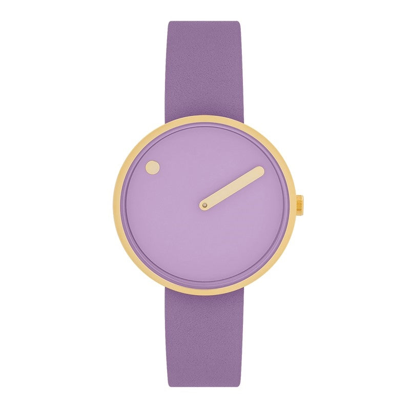 Picto dameur i guld med lys lavender urskive og lavendelfarvet læderrem – 34 mm