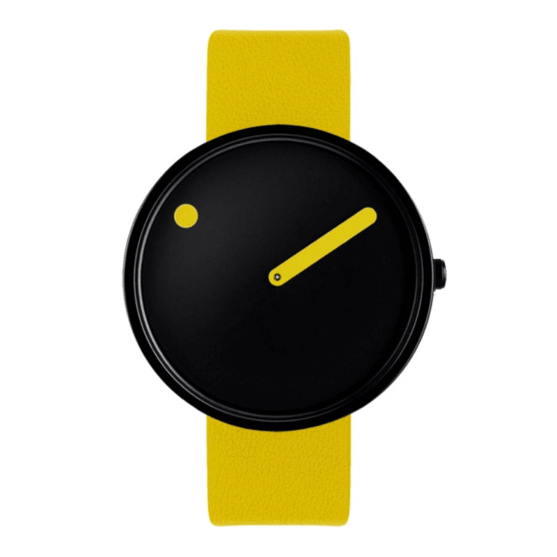 Picto unisex ur med sort skive, kanariegule visere og gul læderrem – 40 mm
